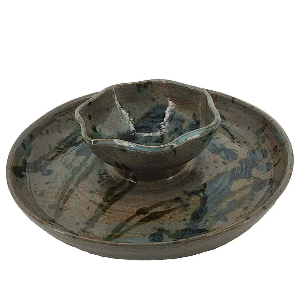 Unbranded Chip and Dip Server‎ Brown Blue Pottery Stoneware Serving Dish  EUC